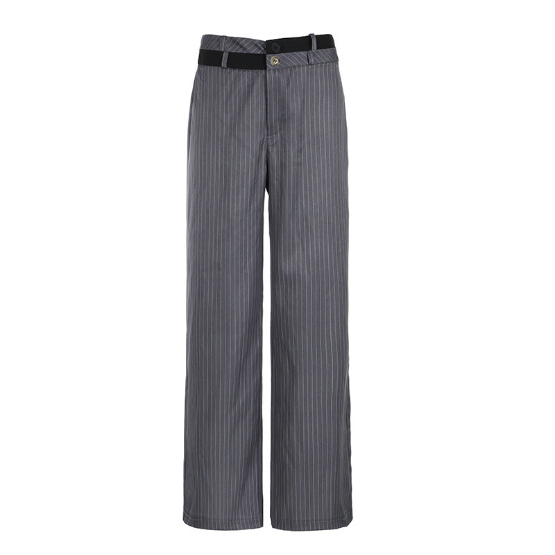 Waist Design Loose Pinstripe Straight Female Pants