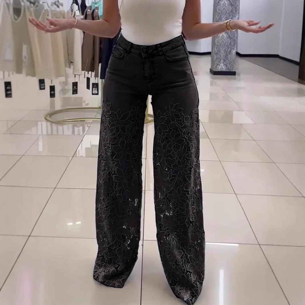 Women's Casual Fashion Hollow Lace Stitching Wide Jeans