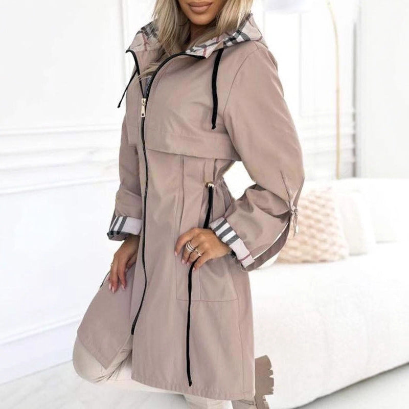 Slouchy Hooded Plaid Casual Long-sleeved Trench Coats