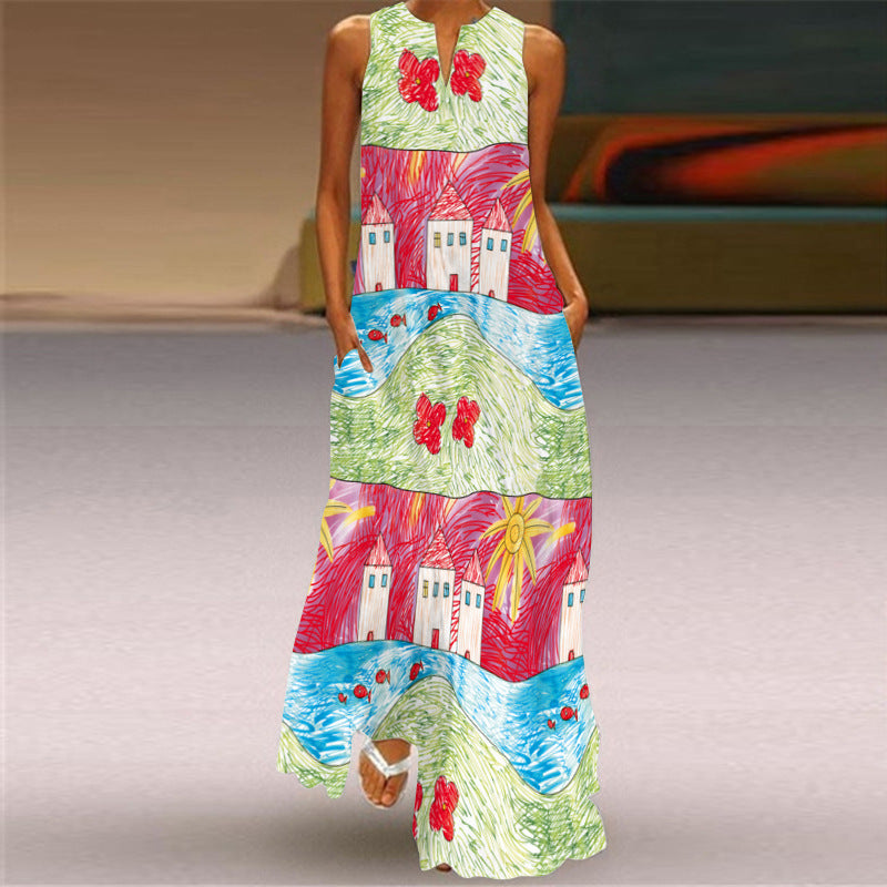 Vintage Printed Long Dress Collar Sexy Dresses