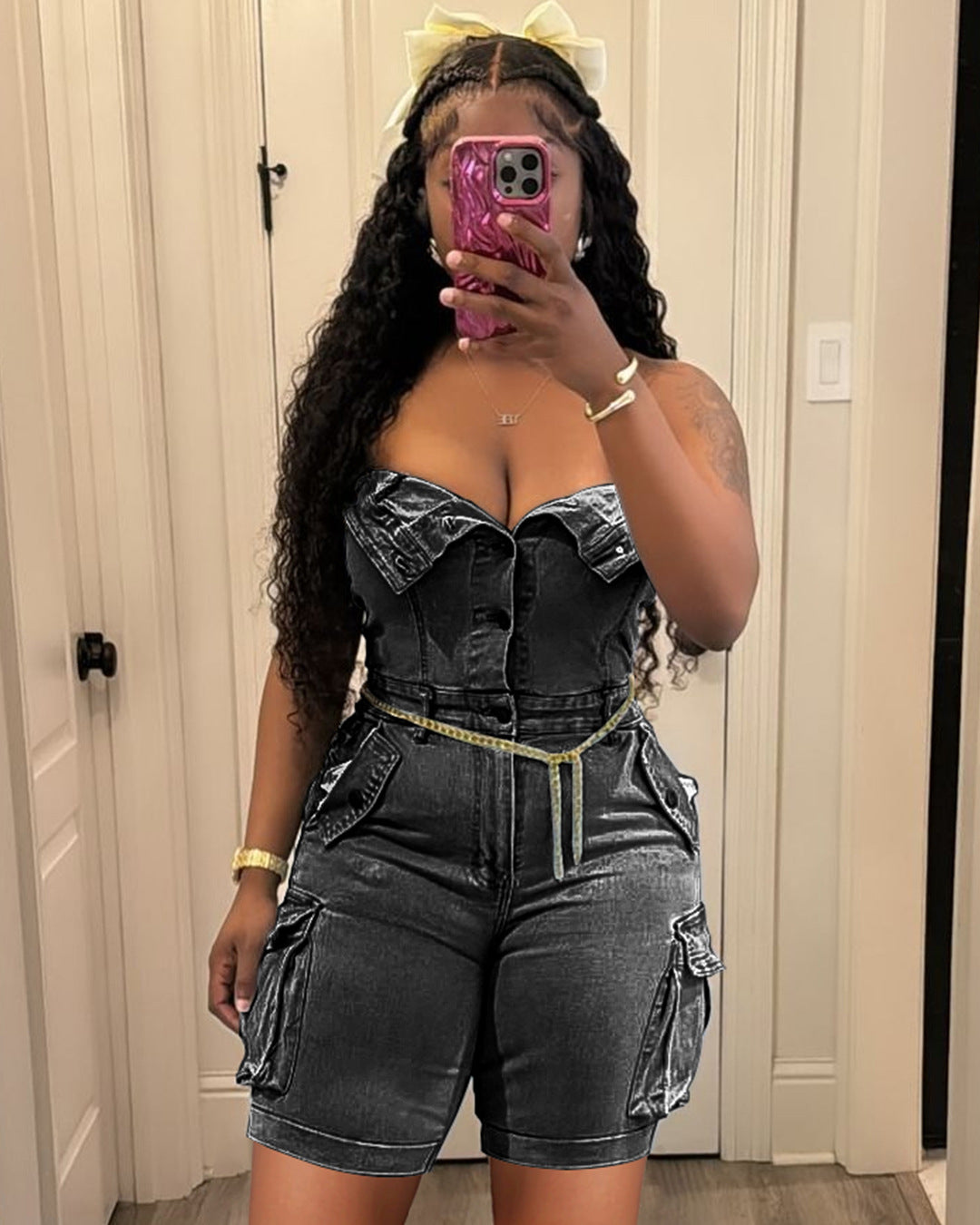 Women's Spring Tube Button Large Pocket Cowboy Shorts