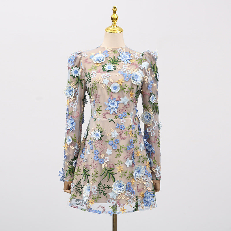 Women's Three-dimensional Flower Embroidered Slim Long Sleeve Dresses