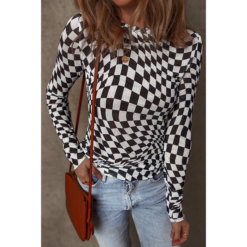 Women's Neck Bottoming Shirt Fashion Plaid Printed Blouses