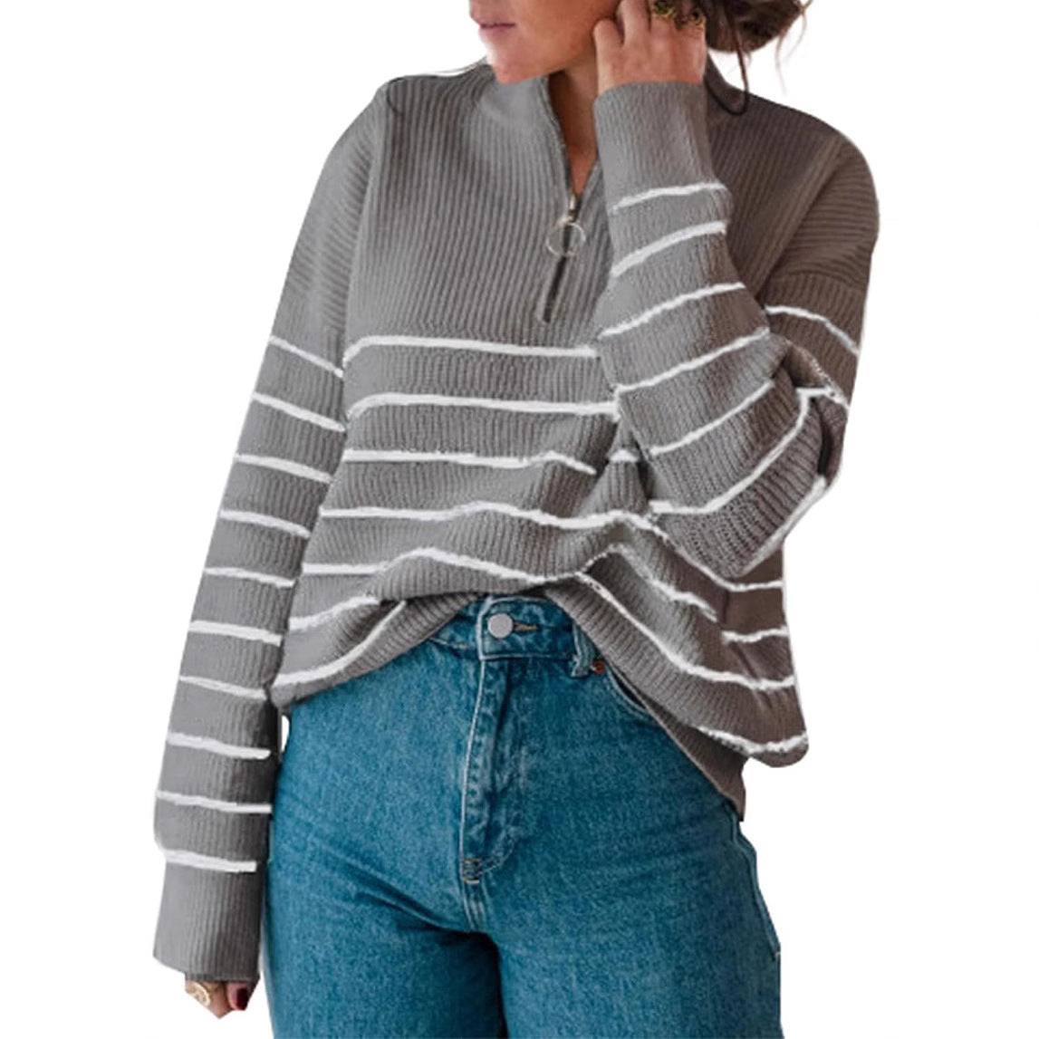 Women's Wear Long Sleeve Knitted Zipper Striped Sweaters