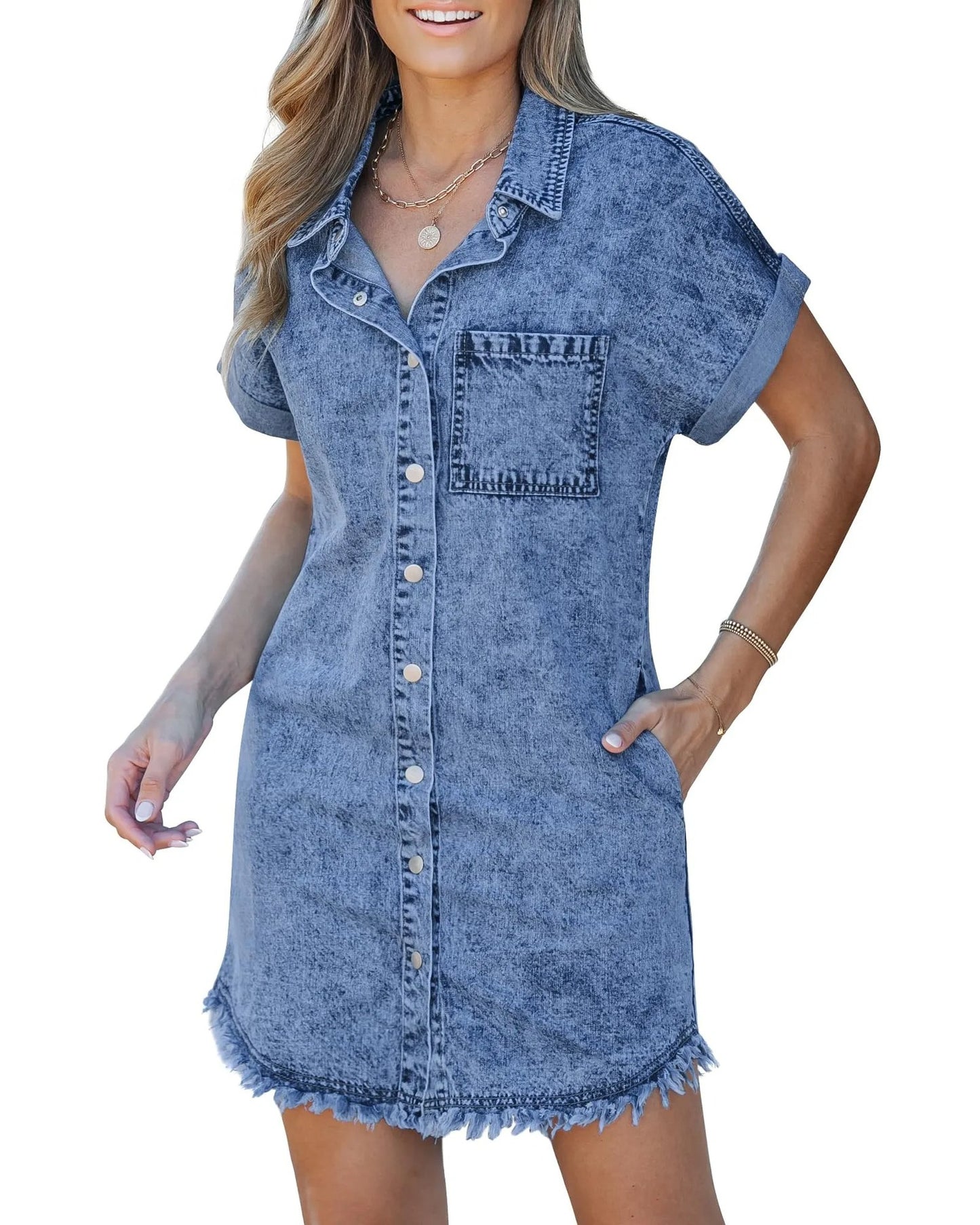 Women's Short-sleeved Denim Shirt Dress Buckle Casual Dresses