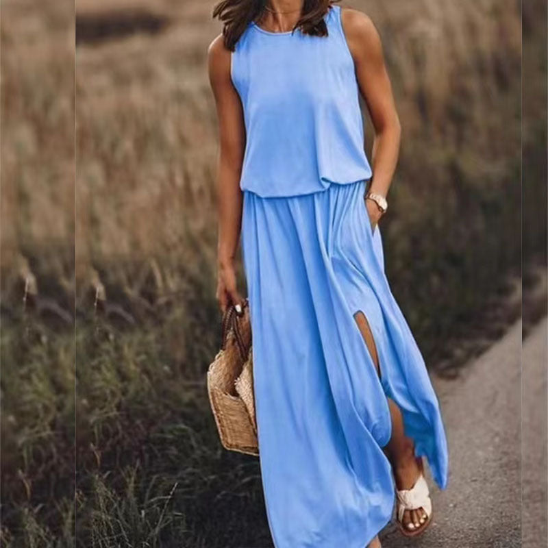 Style Solid Color Round Neck Sleeveless Dresses