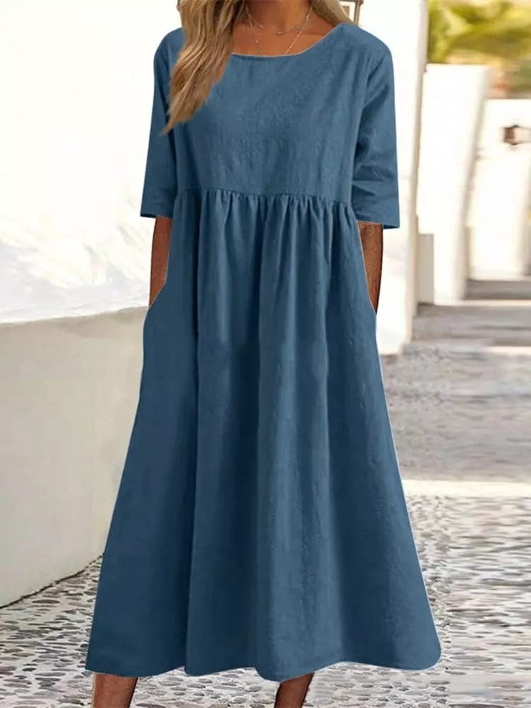 Casual Sleeve Pocket Pleated Loose Round Dress