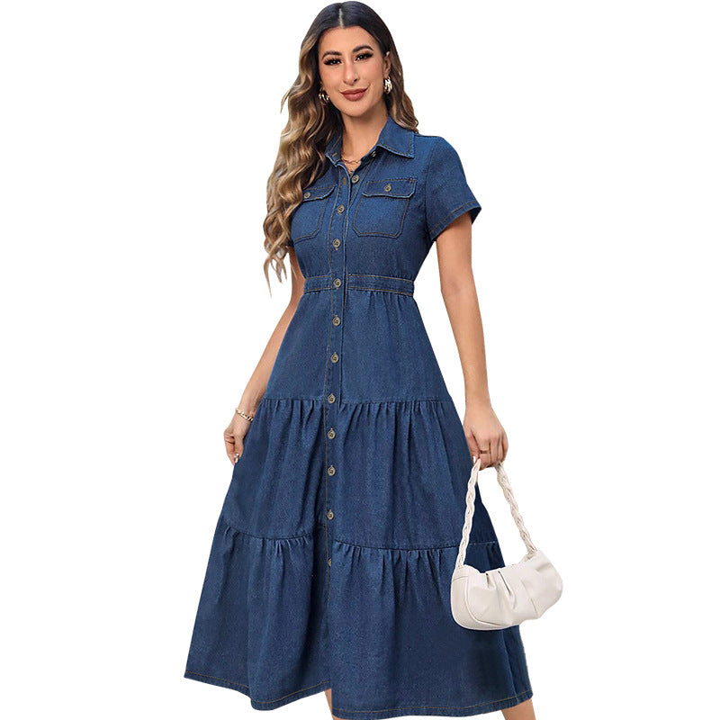 Women's Denim Lapel Sleeve Long Dress Source Dresses
