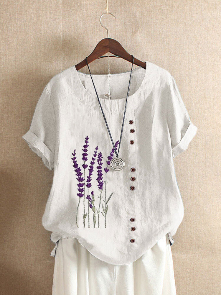 Women's Fresh Printed Round Neck Sleeve Fastener Blouses