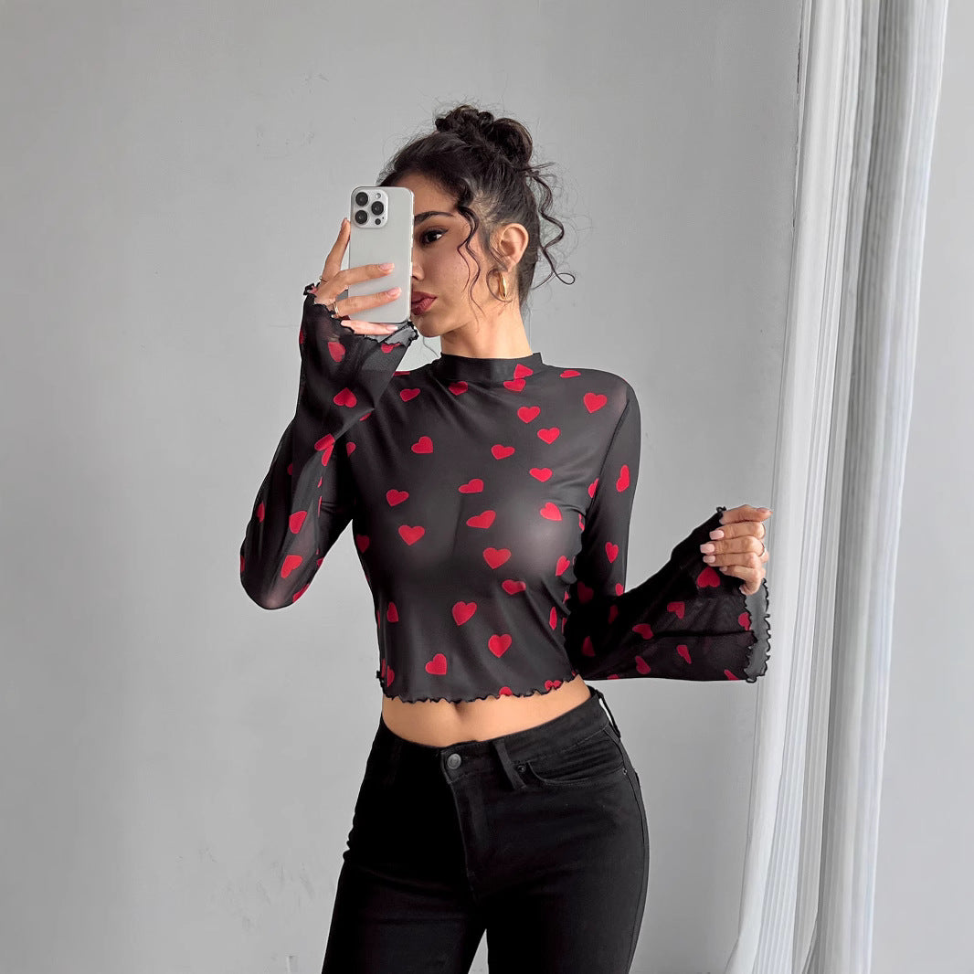 Mesh Printed Flared Sleeves Long Sleeve Blouses