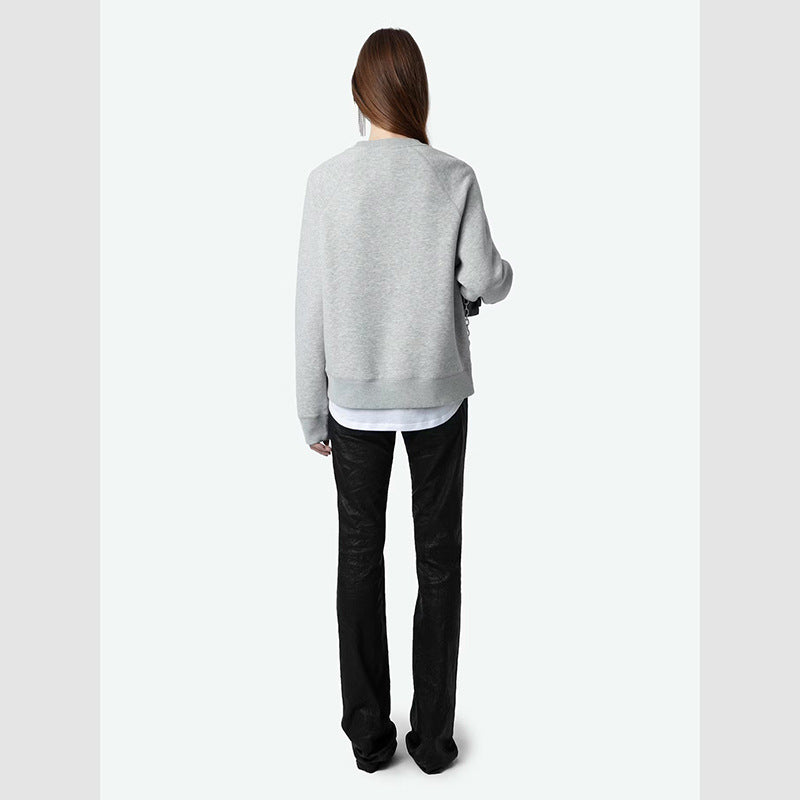 Women's Winter French Niche Wings Rhinestone Sleeves Printed Flower Sweaters