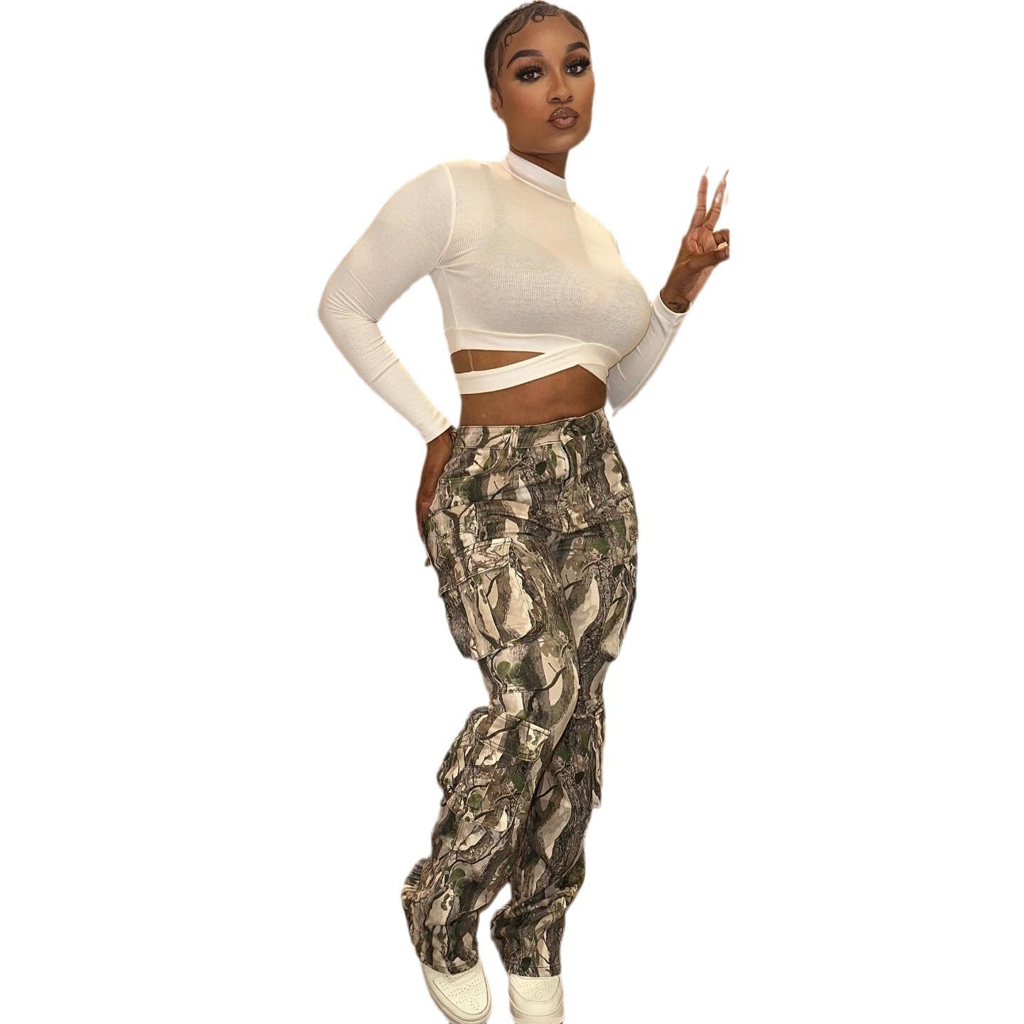 Hipster Stitched Camouflage Printed High Waist Contrast Pants
