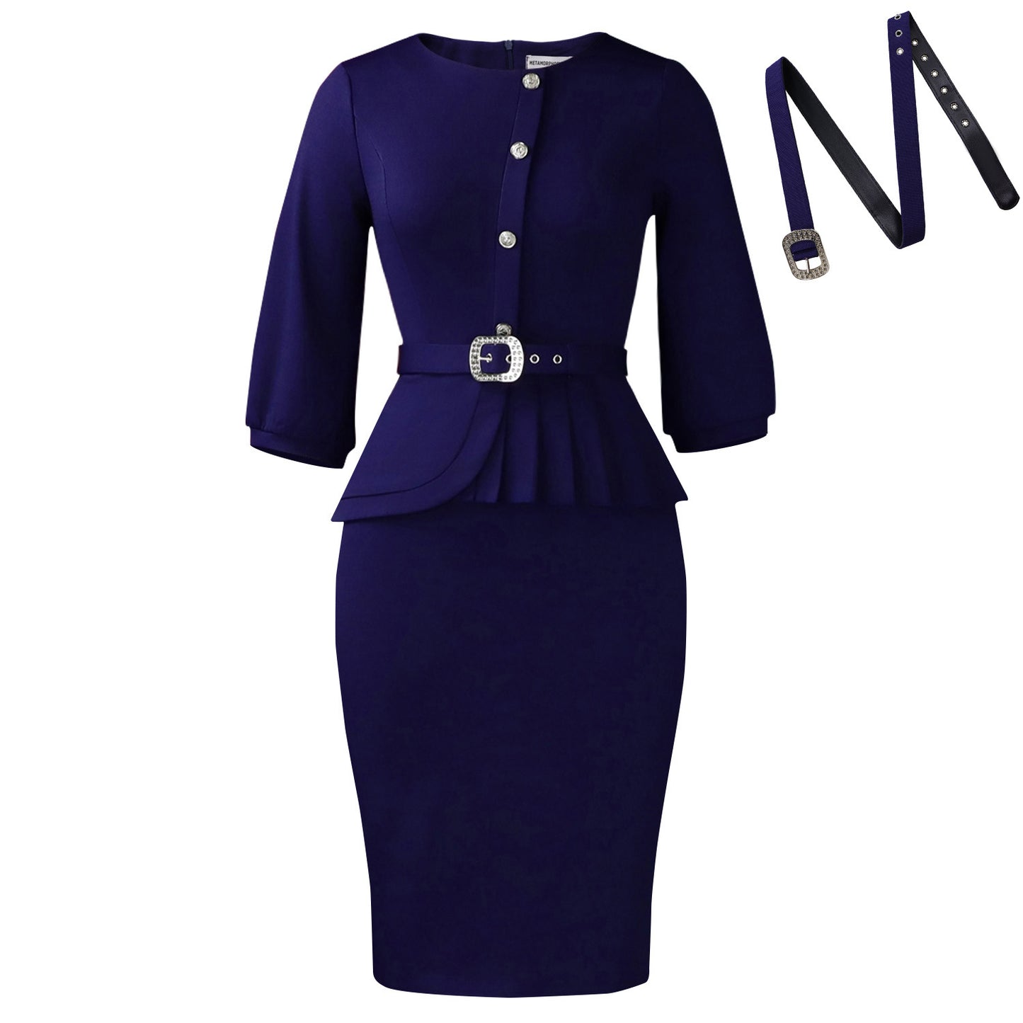 Elegant Stretch Round Neck Ruffled High Waist Temperament Sheath Solid Dress