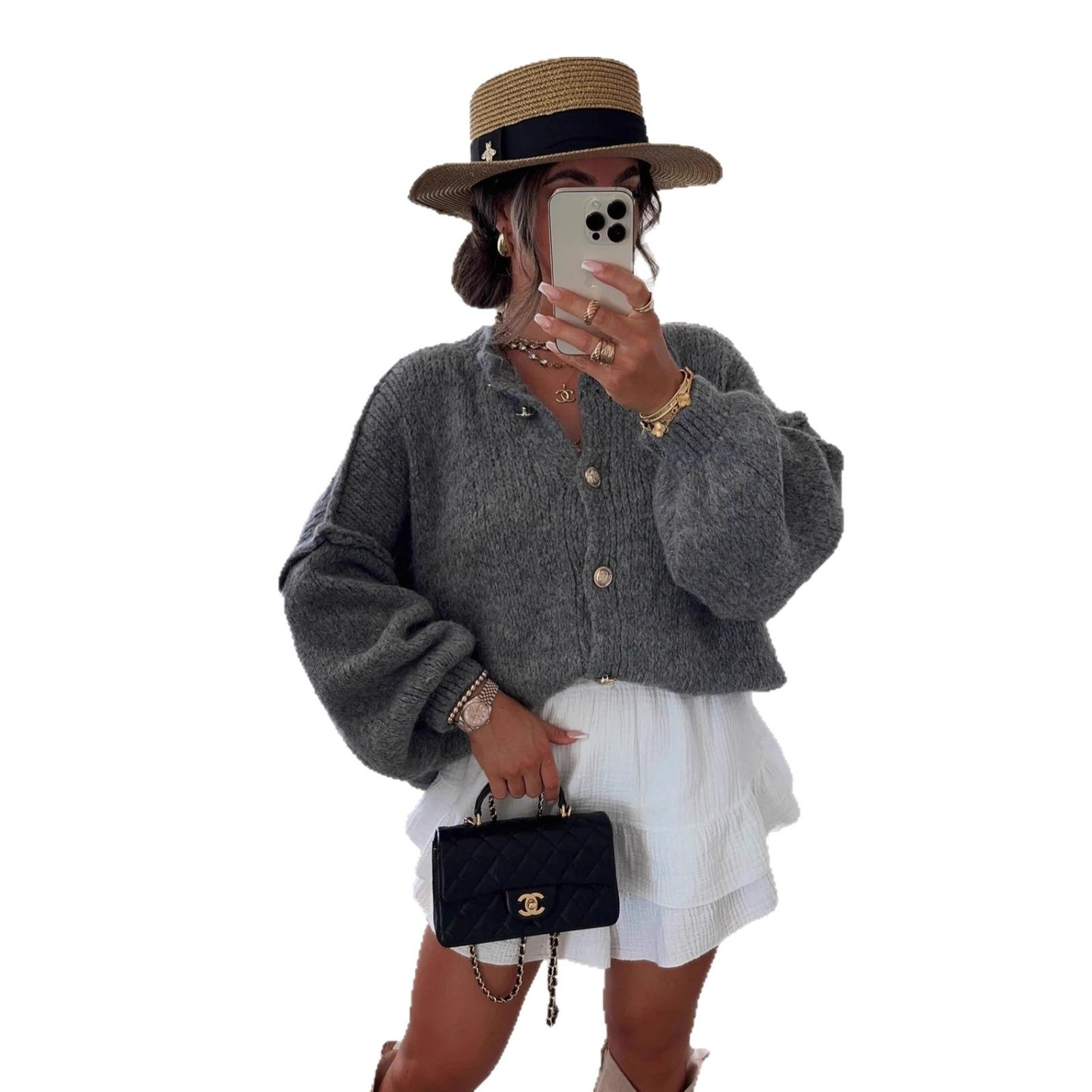 Women's Retro Gold Button Solid Color Knitted Sweaters