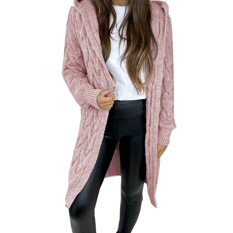 Mid-length Solid Color Twist Hooded Knit Sweaters