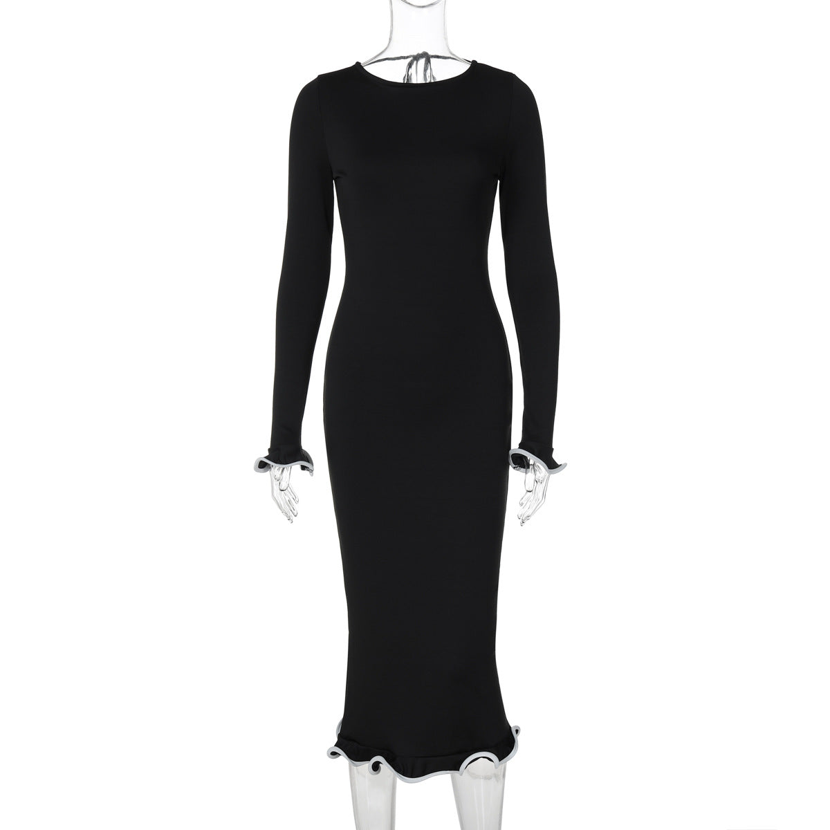 Women's Backless Flared Sleeve Ruffled Knitted Dress Dresses