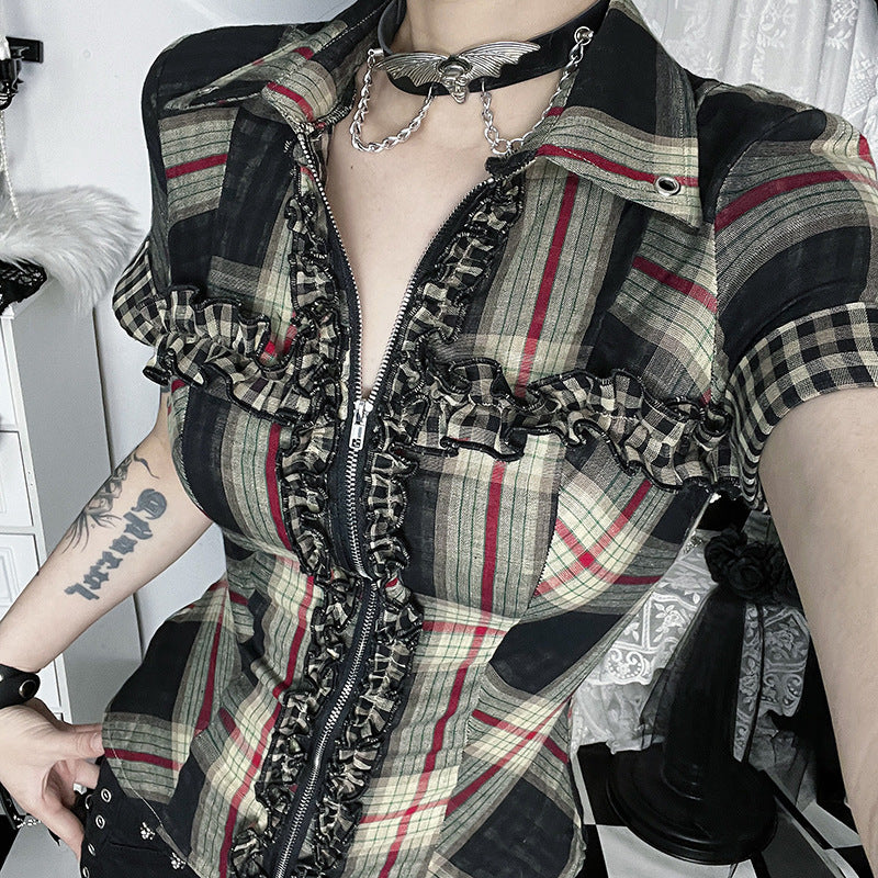 Women's Dark Plaid Shirt Pure Desire Style Blouses