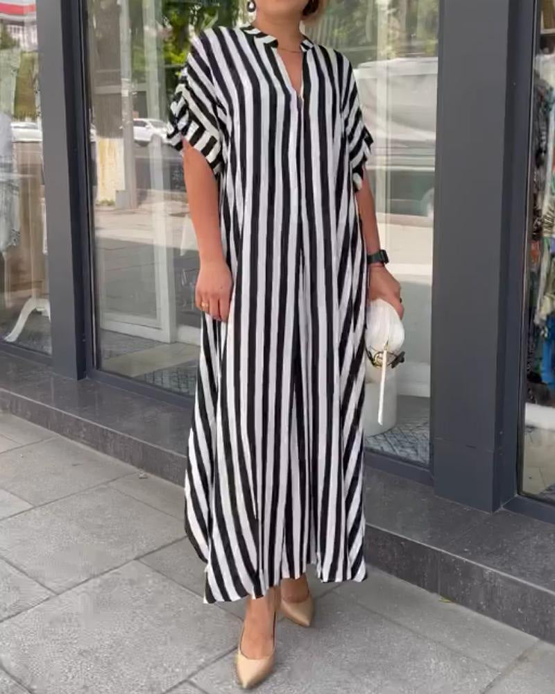 Women's Striped Floral Print Slit Swing Long Dresses