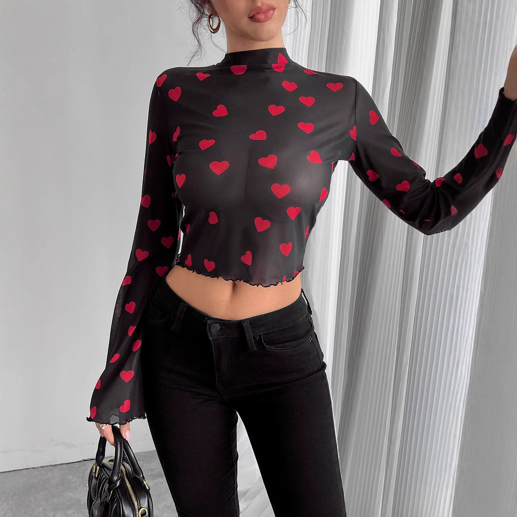 Mesh Printed Flared Sleeves Long Sleeve Blouses