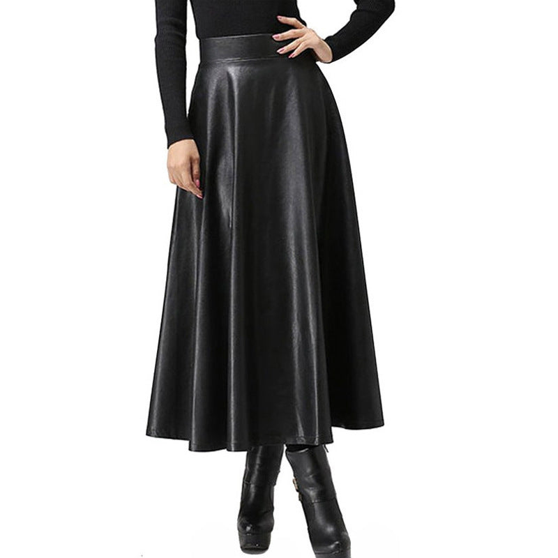Women's High Waist Leather Mid-length Large Swing Skirts
