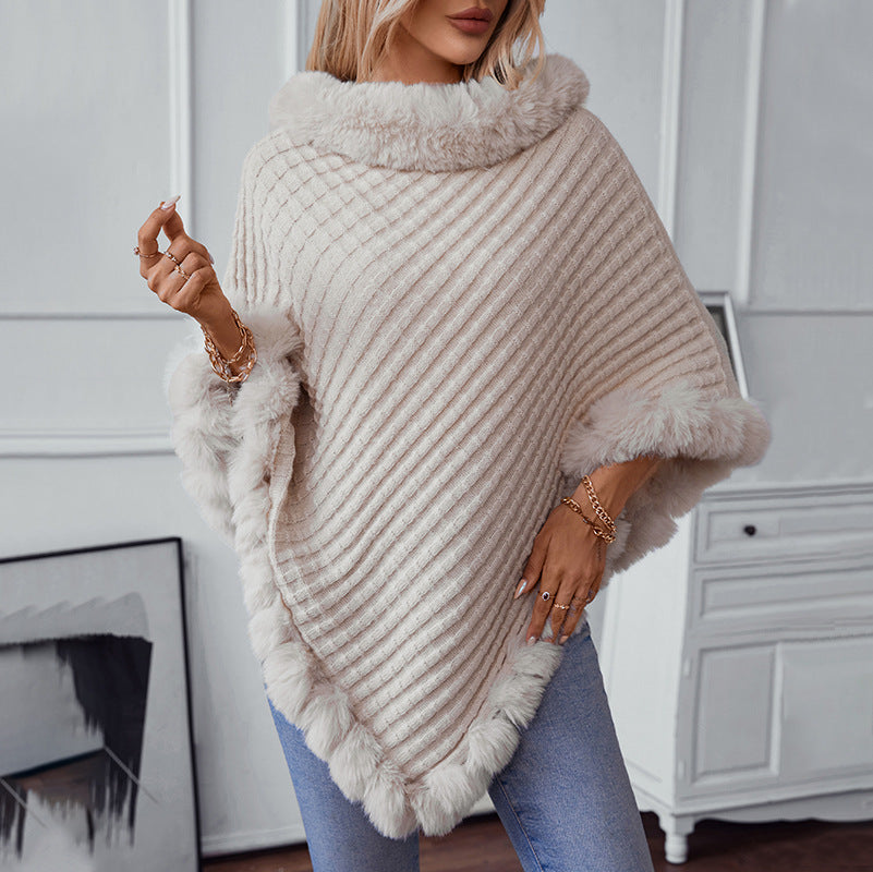Women's Color Fur Collar Pullover Thick Retro Plaid Knitwear