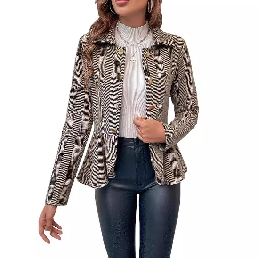 Women's Lapel Jacquard Ruffled Slim Double-breasted Temperament Blazers