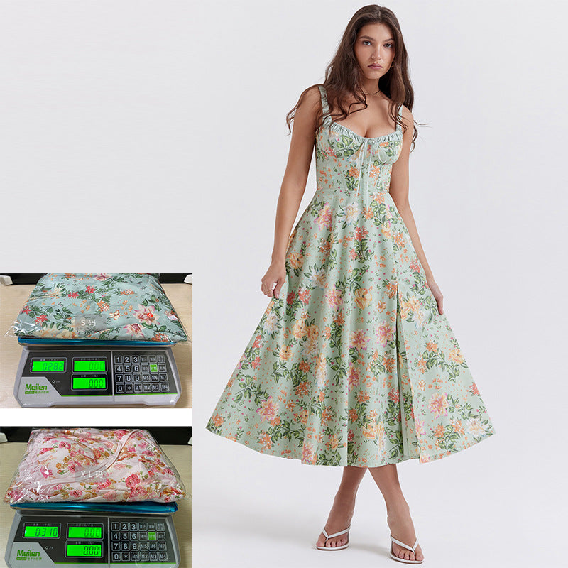 Women's Sexy Sling Stitching Printing Large Swing Dresses