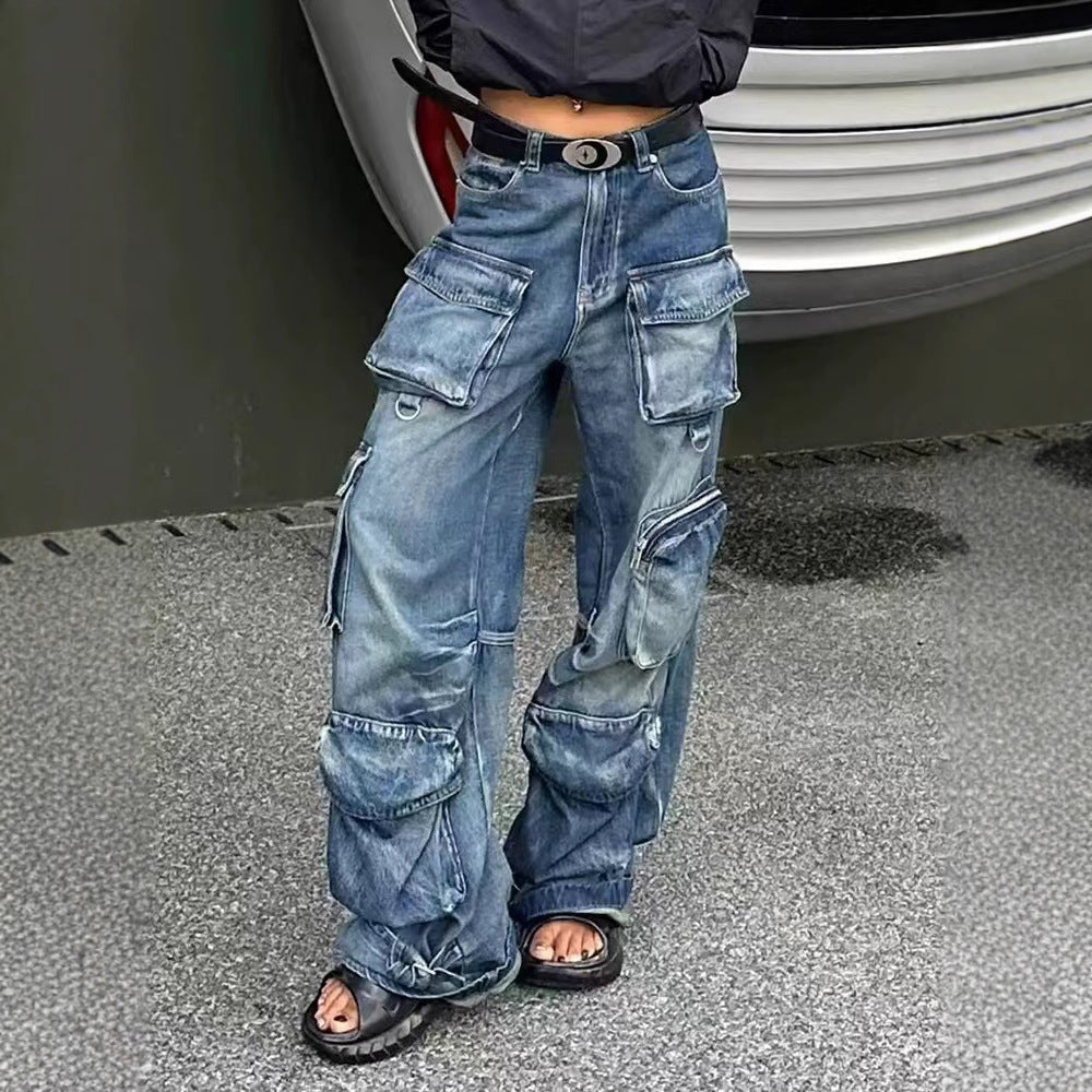 Women's Overalls Street Style Hot Worn Looking Washed-out Wide Pants