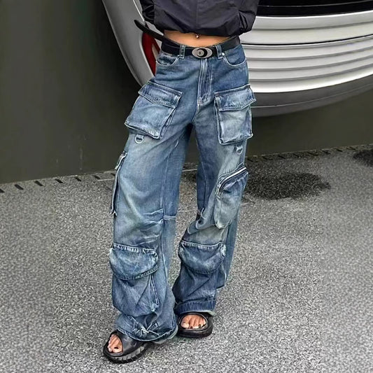 Women's Overalls Street Style Hot Worn Looking Washed-out Wide Pants