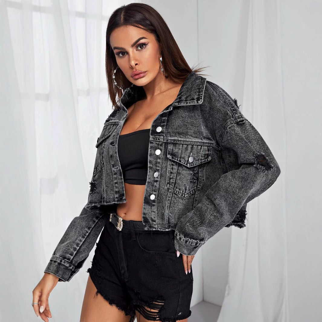 Women's Denim Fashionable Frayed Hem Ripped Jackets
