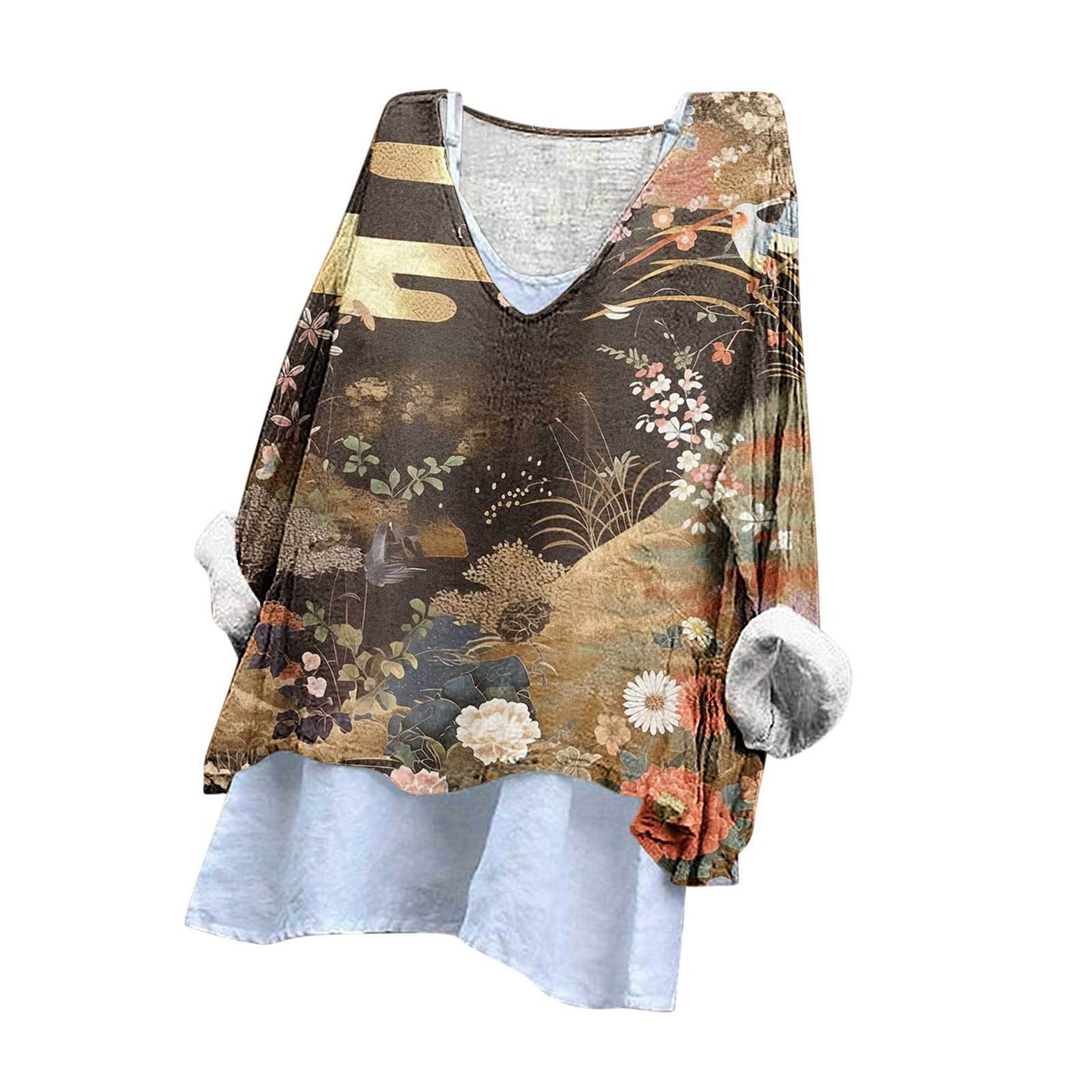 Fashion Loose Digital Printing Long Sleeve Blouses
