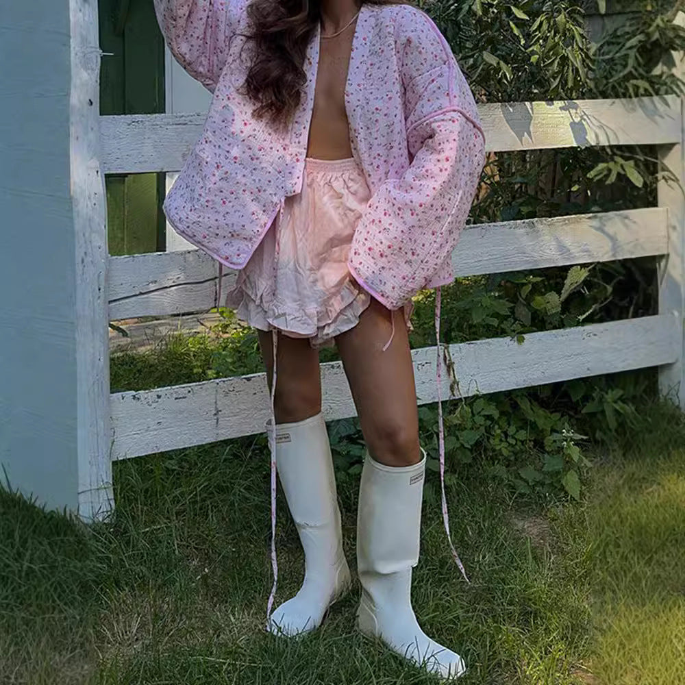 Pink Sweet Floral Flared Sleeves Cotton Coats
