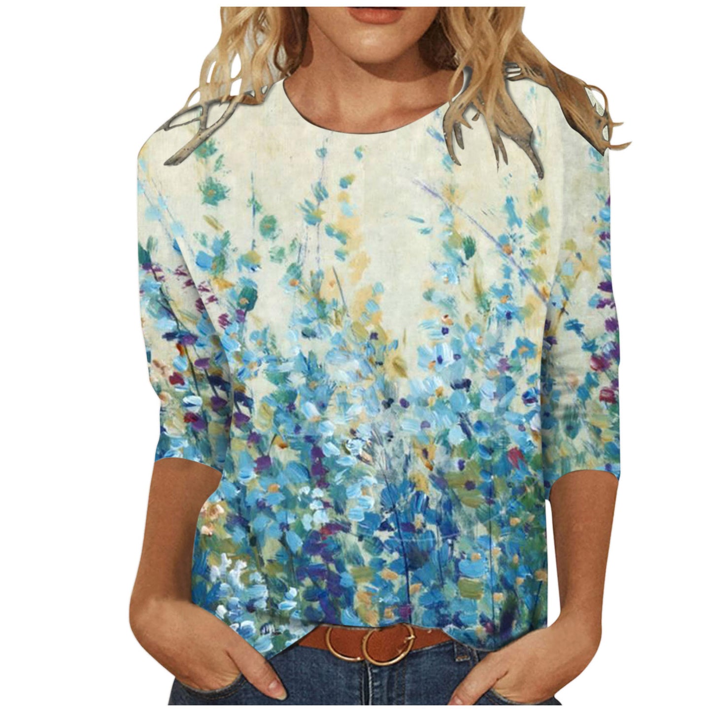 Women's Round Neck Long Sleeve Loose Print Blouses