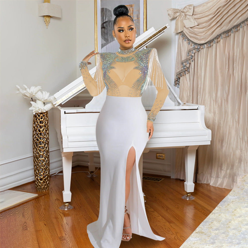 Women's Sexy Mesh Rhinestone Slim Fit Slit Dresses