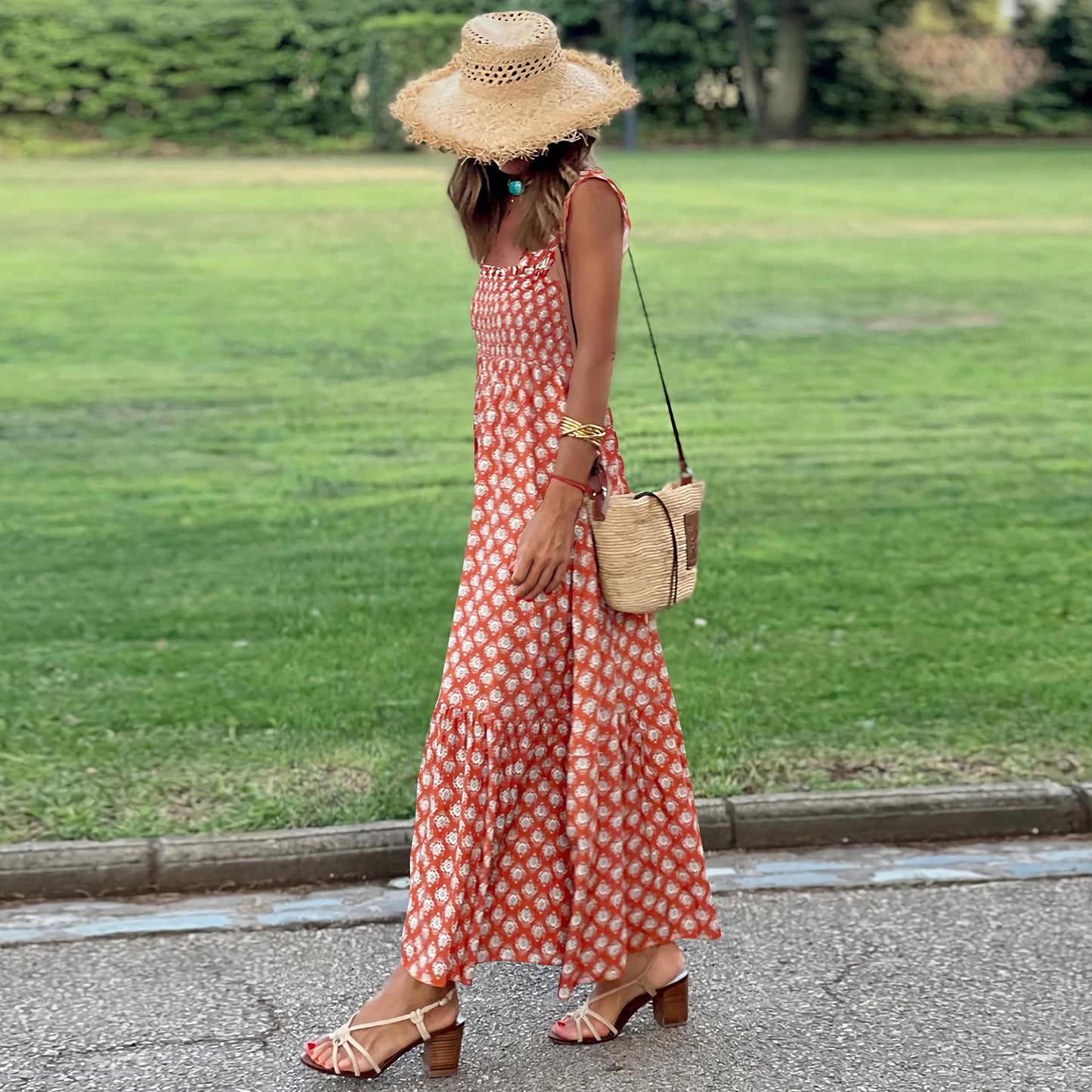 Women's Elegant Printed Elastic Suspender Vacation Style Dresses