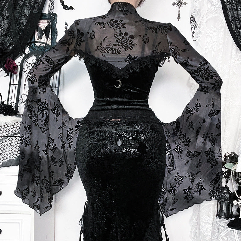 Women's Dark Gothic Style Flocking Pattern Shawl Blouses