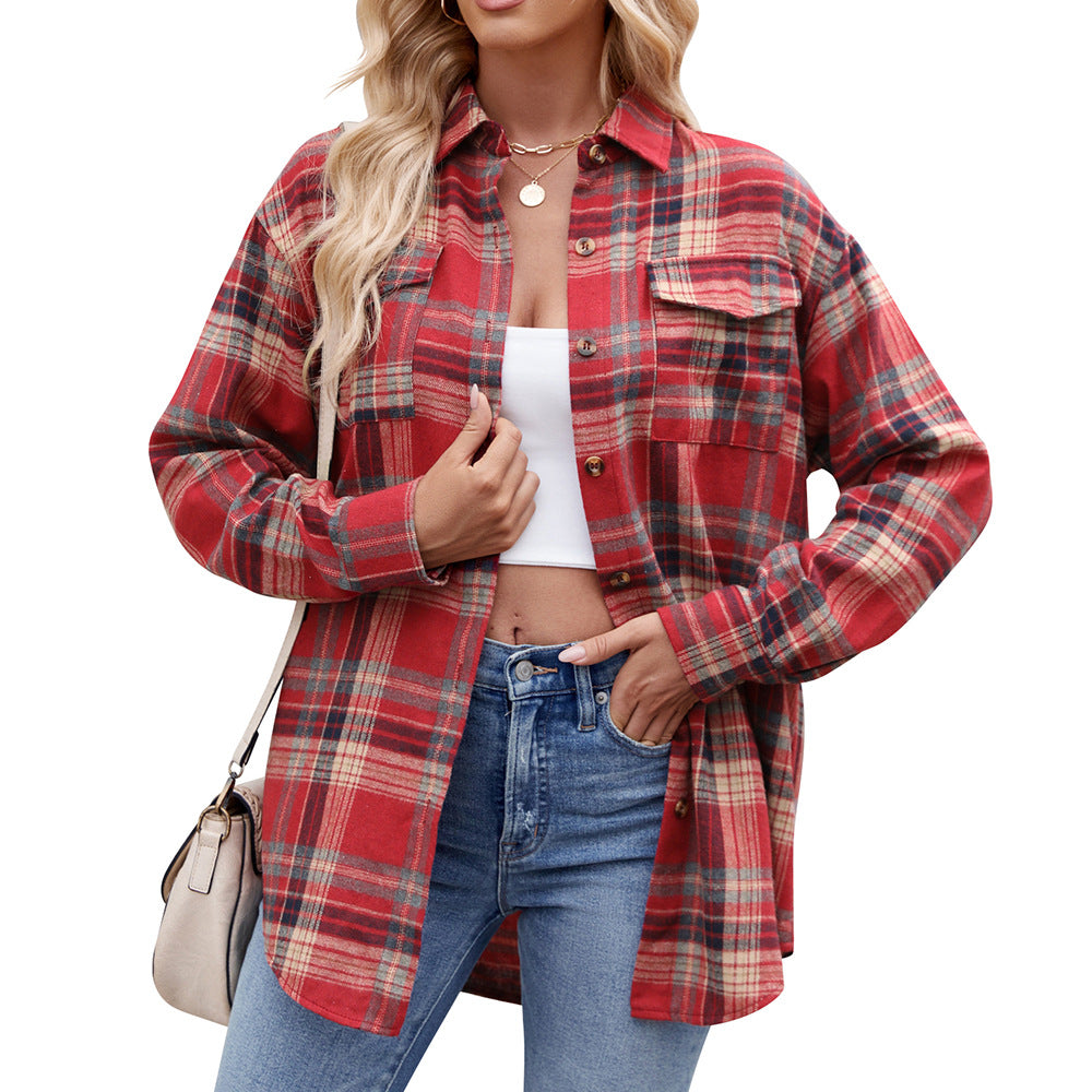 Women's Casual Fashion Loose Plaid Pocket Shirt Blouses