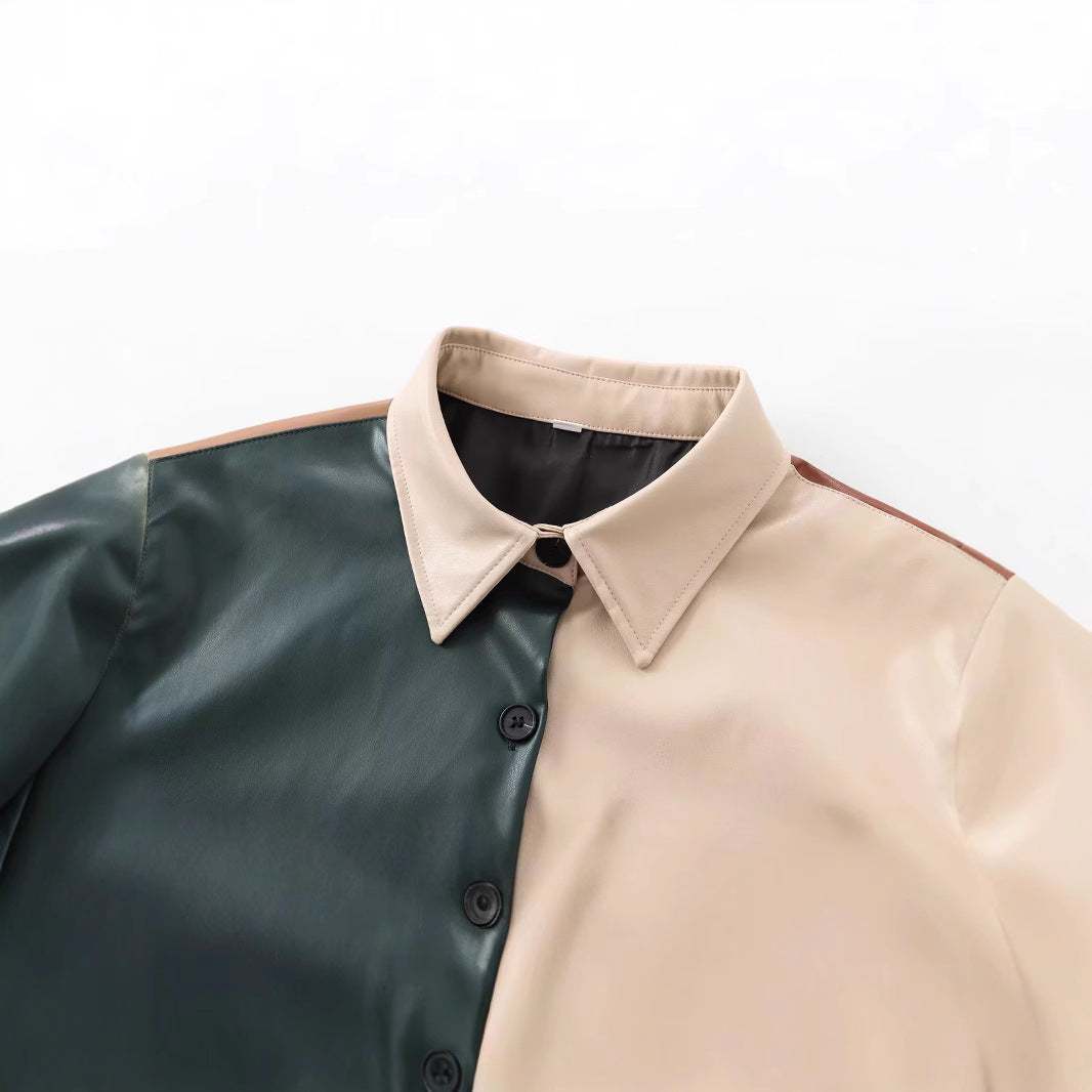 Women's French Stitching Leather Long-sleeved Lapel Contrast Jackets