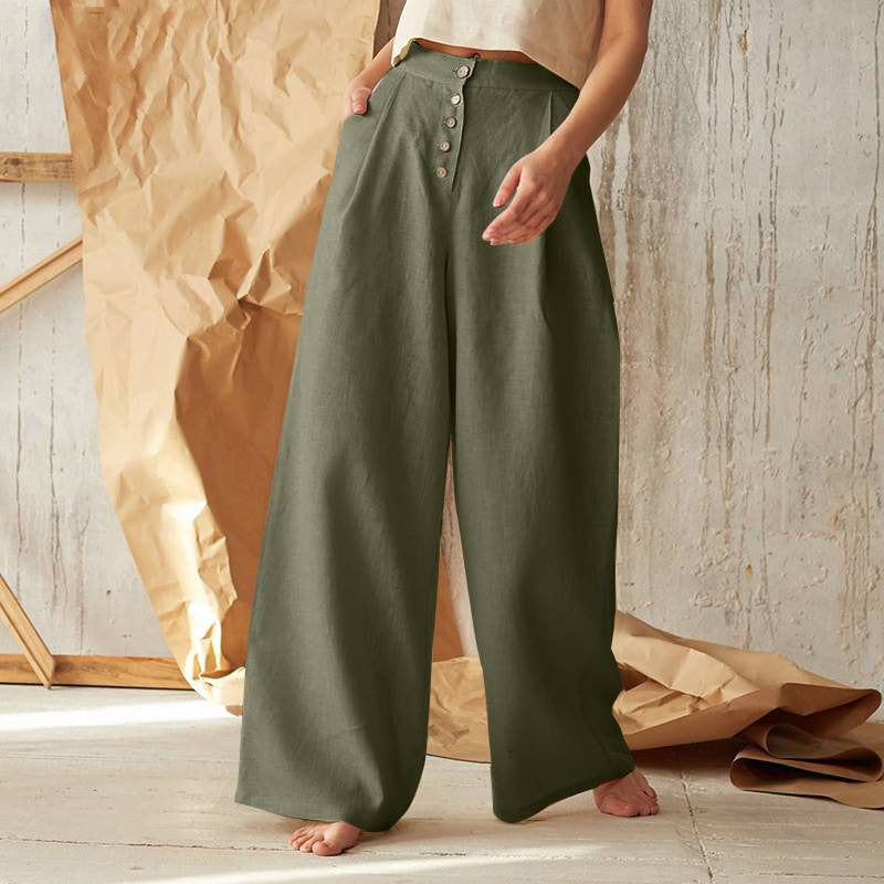 Women's High Waist Casual Button Cotton Linen Pants