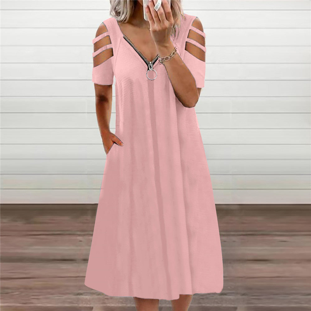 Women's Summer Sexy Solid Color Zipper Sleeve Dress