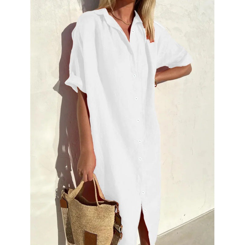 Women's Elegant Casual Loose Sleeves Button Dress Cotton Dresses