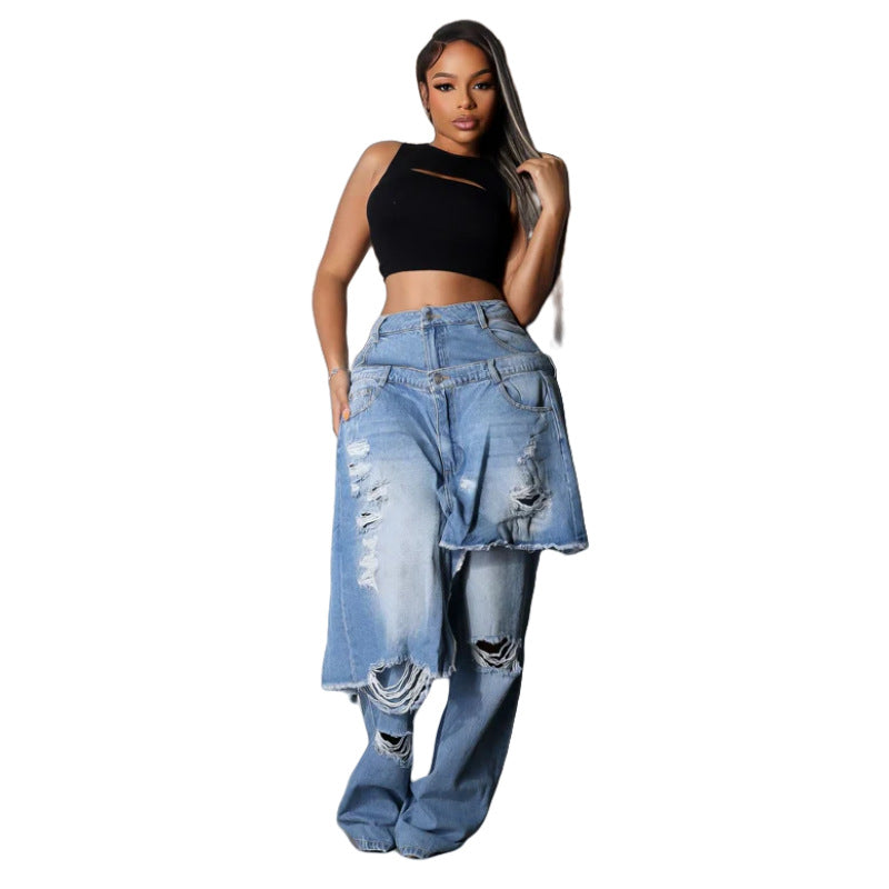 Casual Stretch Fashion Apron Ripped Straight Jeans