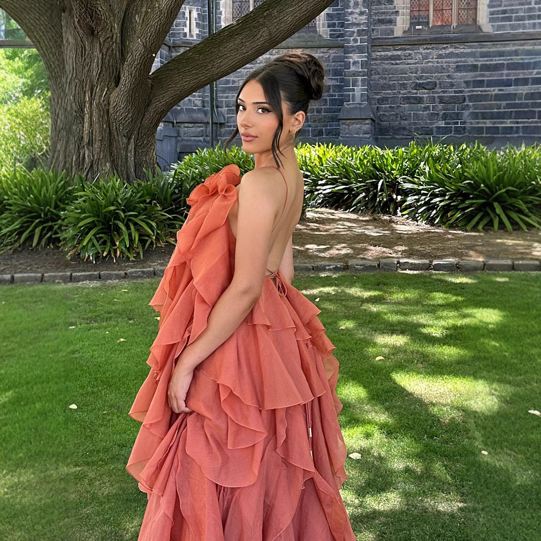 Women's Vacation Style Three-dimensional Flowers Halter Backless Ruffled Dresses