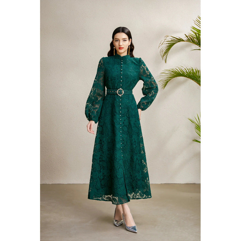 Women's Elegant Dress Autumn French Crocheted Waist Dresses