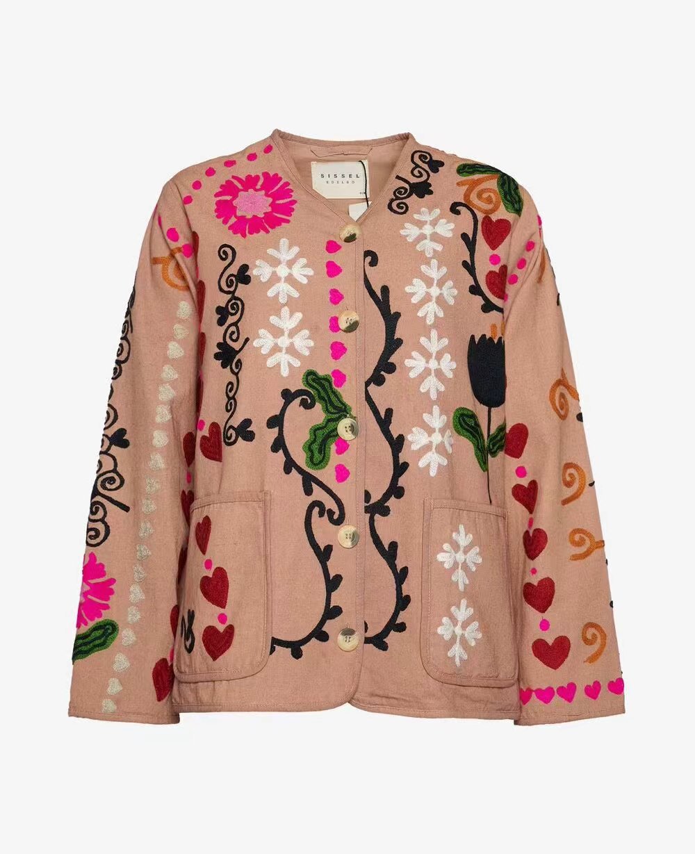 Women's Pink Casual Style Flower Long-sleeved Single-breasted Jackets