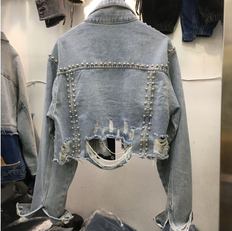 Women's Rivets With Diamonds Denim Worn Beaded Tops