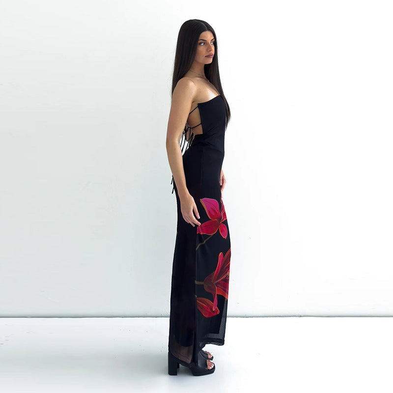 Women's Summer Personalized Printed Tube Backless Tied Dresses