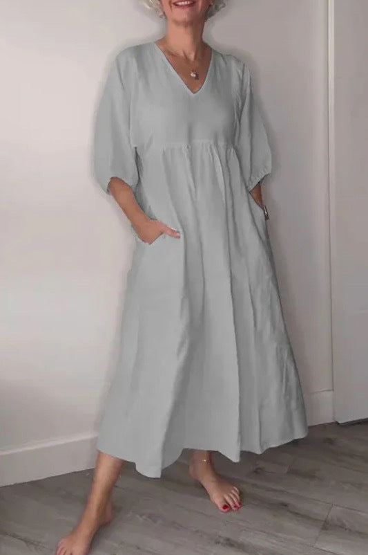 Women's Autumn Cotton Linen Deep Pleated Solid Color Casual Dress