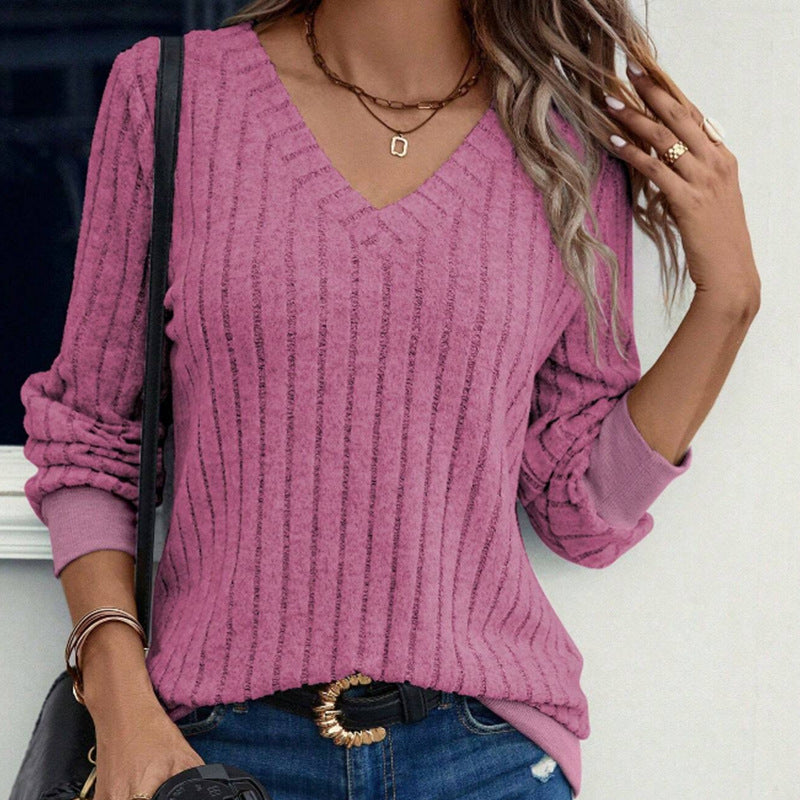 Women's Spring Brushed Sunken Stripe Solid Color Blouses
