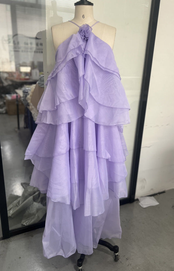 Women's Vacation Style Three-dimensional Flowers Halter Backless Ruffled Dresses